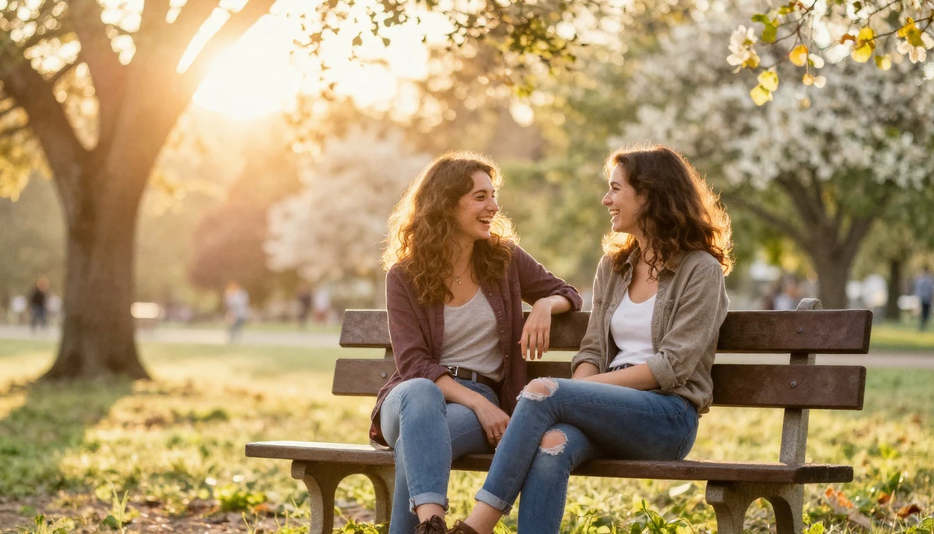 A warm and inviting scene of two friends sitting on a rustic...