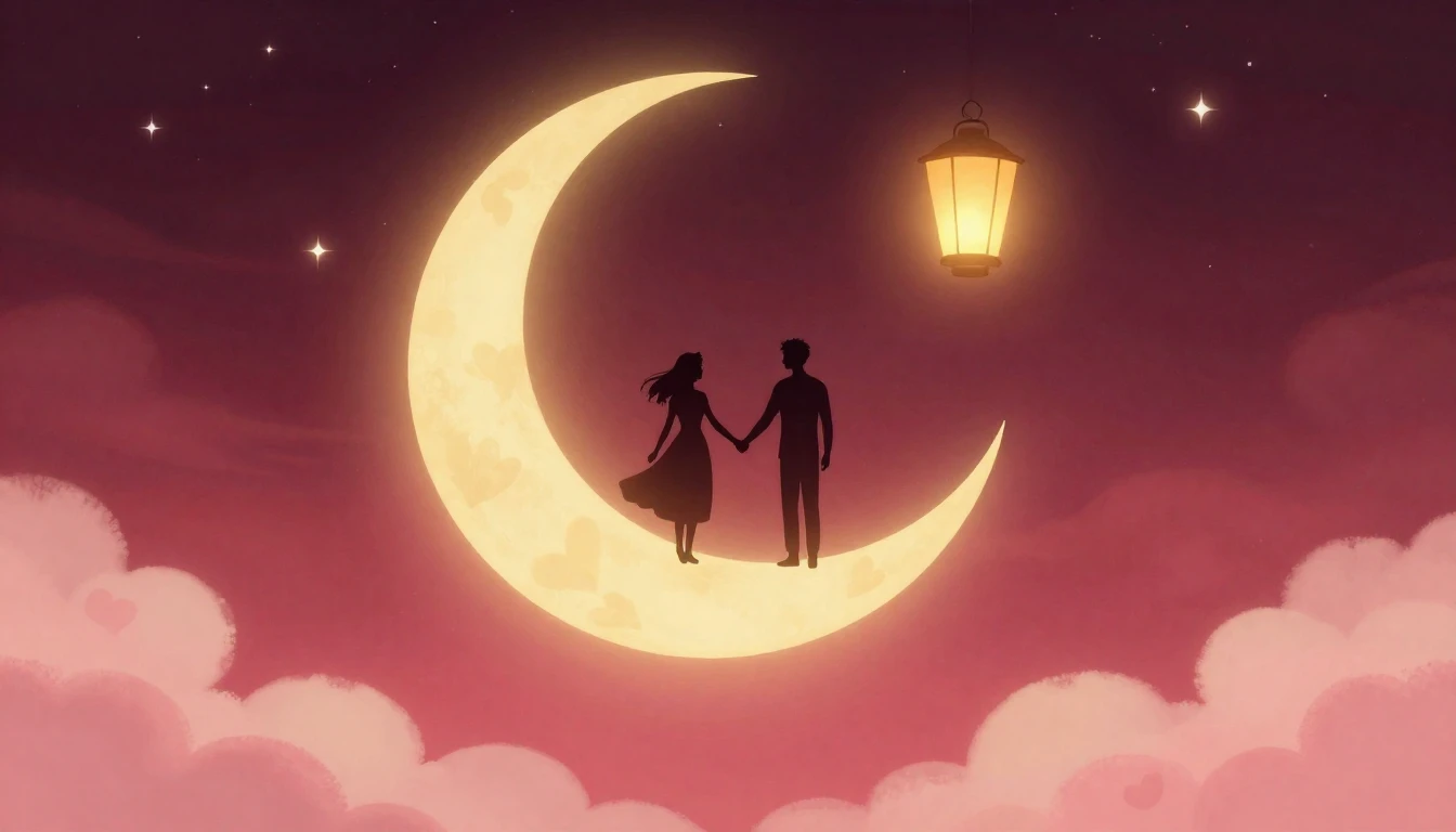 A romantic and dreamy illustration featuring two silhouetted...