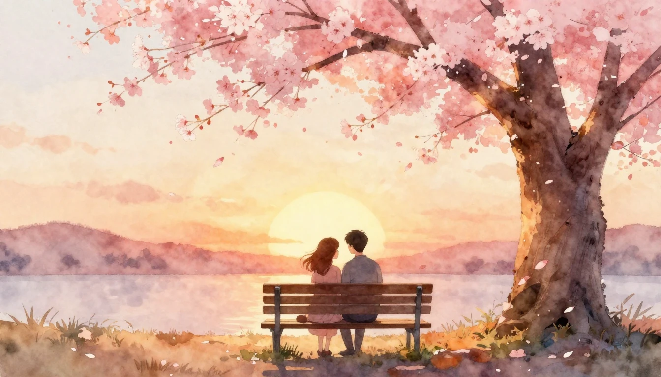 A romantic and ethereal watercolor painting of a couple sitt...