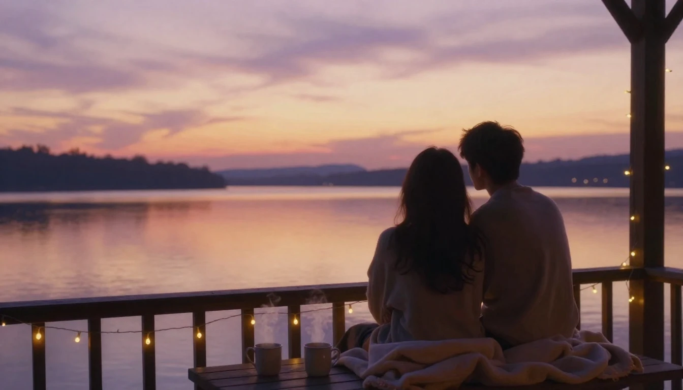 A romantic and cozy scene featuring two silhouetted figures ...