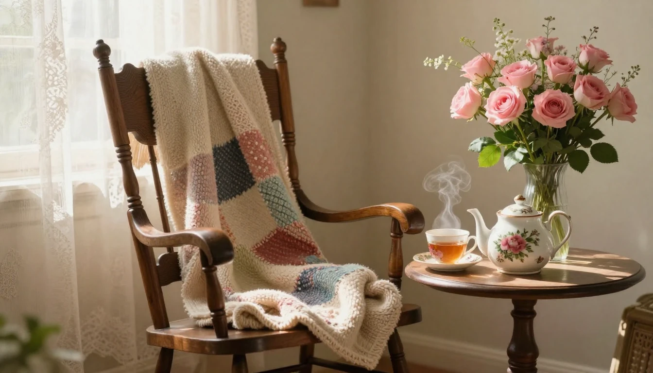 A cozy and nostalgic still life scene in a sunlit room. A vi...
