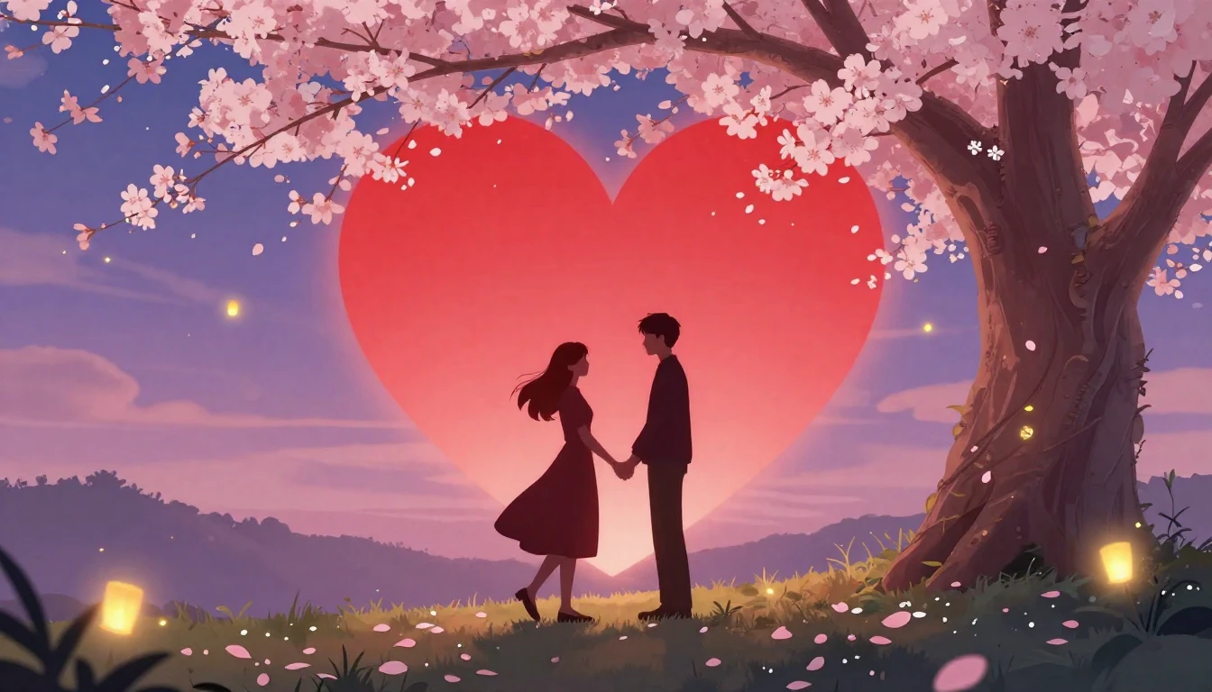 A romantic and dreamy illustration featuring a silhouette of...