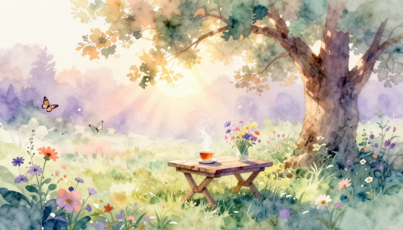 A delicate watercolor illustration of a serene garden at sun...