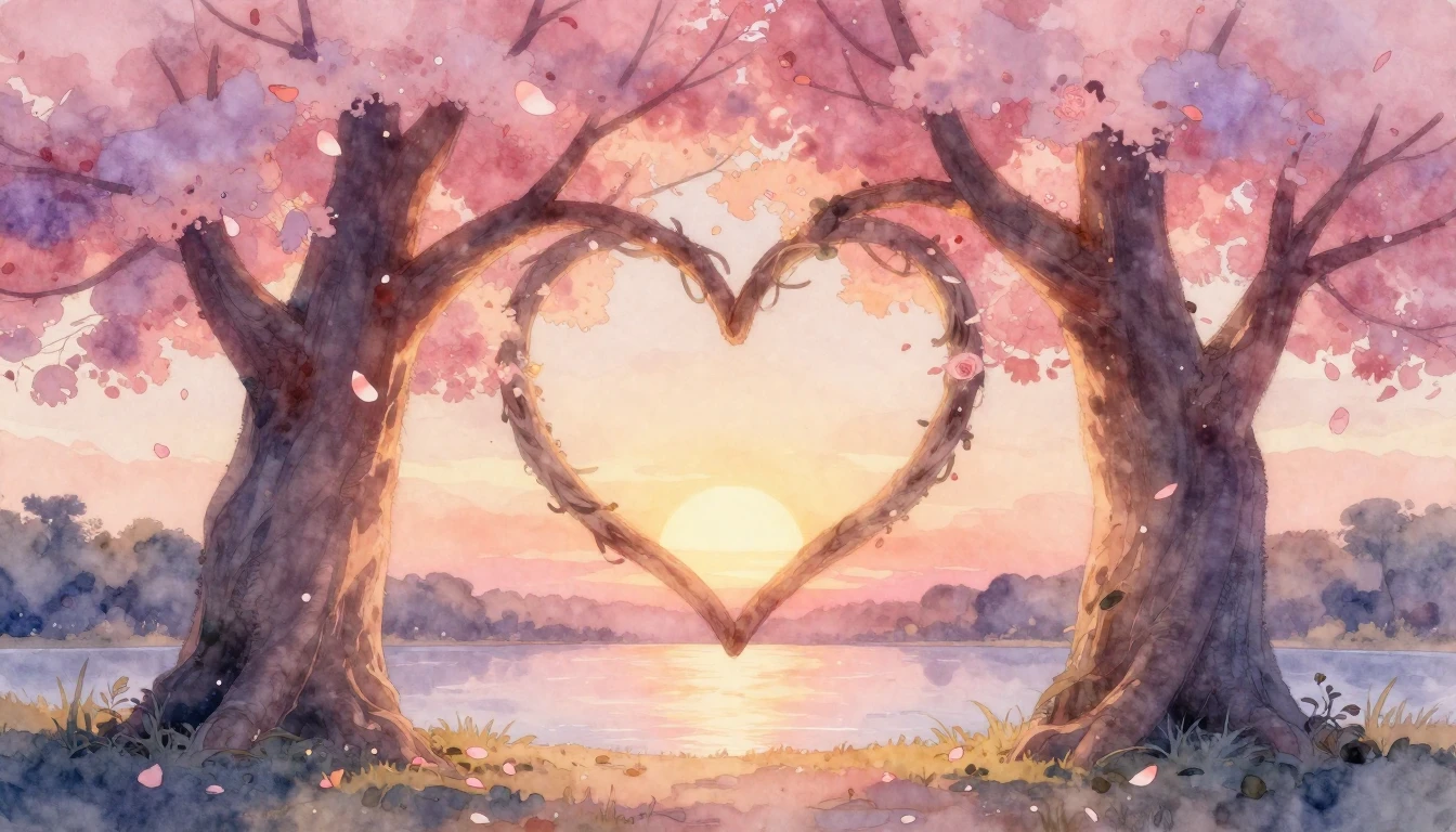 A soft and romantic watercolor painting depicting two large,...