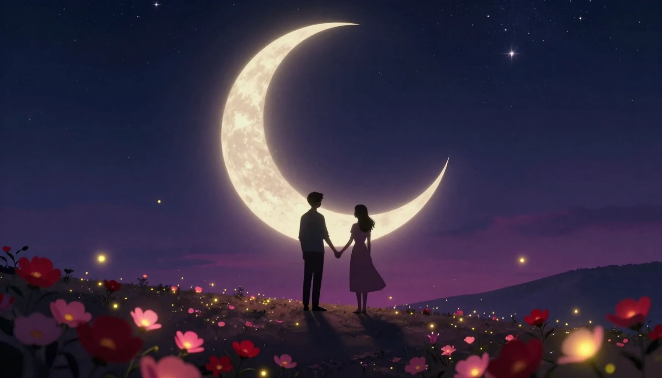 A romantic and ethereal scene of two silhouetted figures hol...