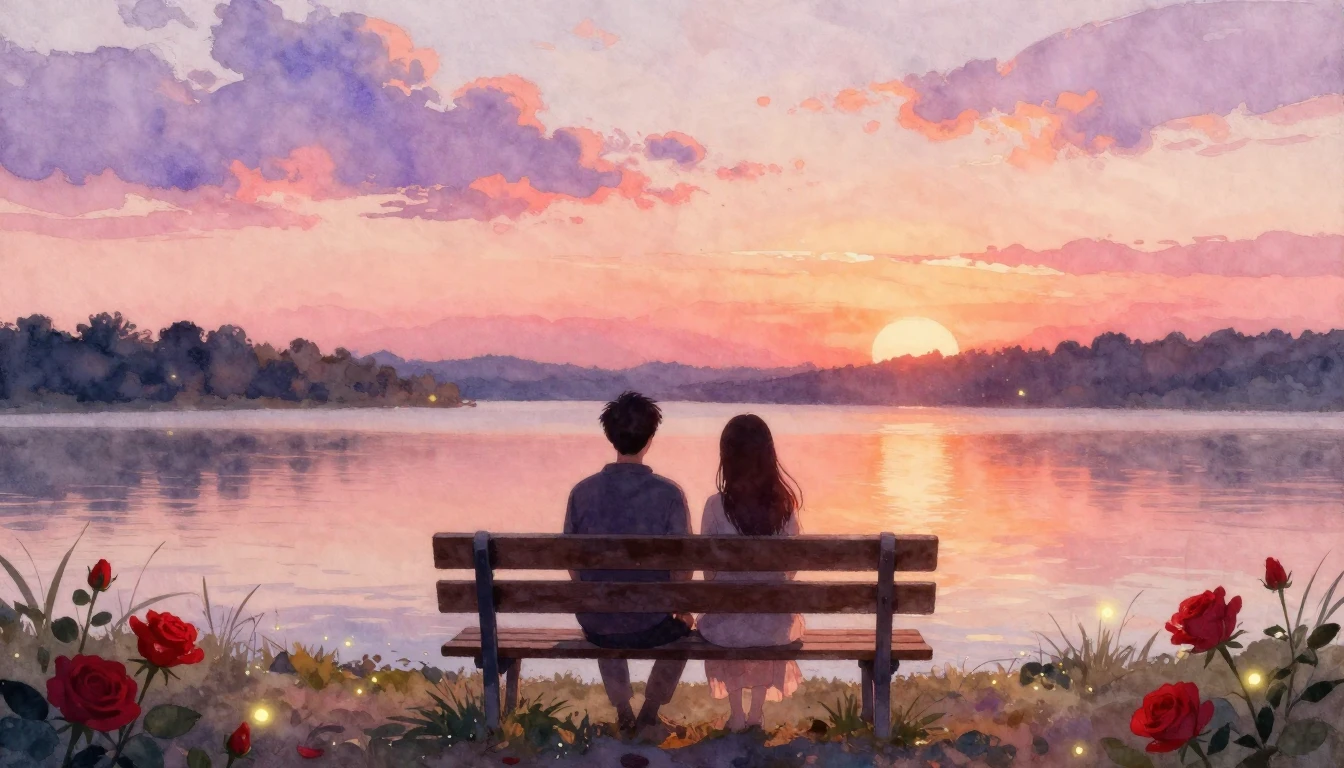 A romantic and dreamy watercolor painting depicting two silh...