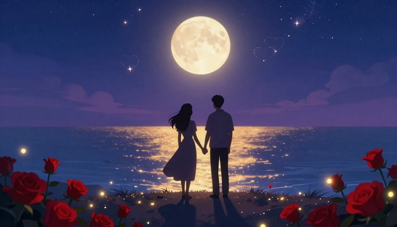 A romantic and dreamy illustration depicting a silhouette of...