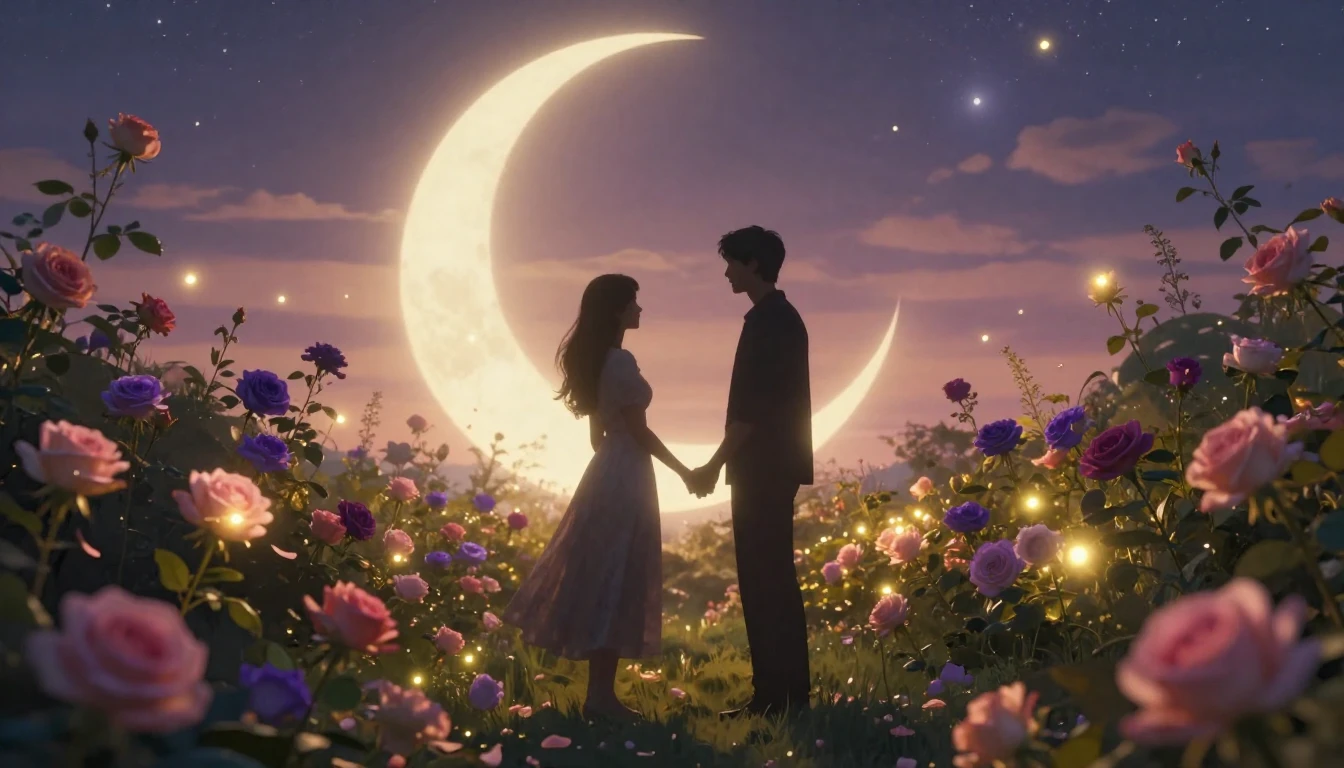 A romantic and ethereal scene of two silhouettes standing ha...