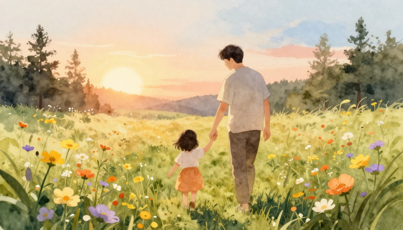 A heartwarming watercolor illustration of a father and a you...