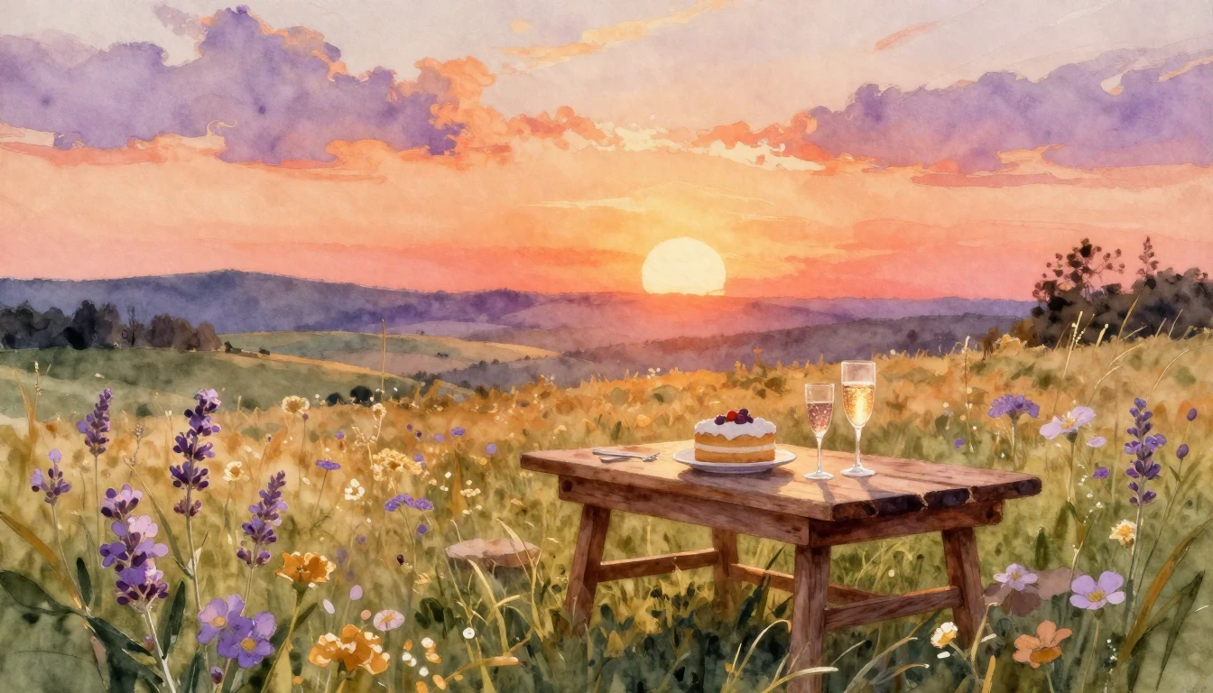 A beautiful watercolor painting depicting a serene and joyfu...