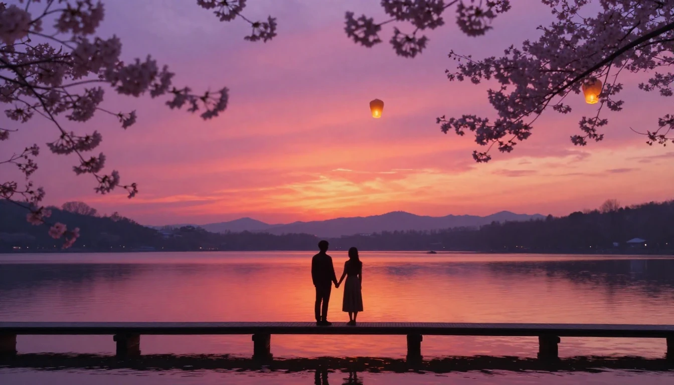 A highly romantic and ethereal scene of two people silhouett...