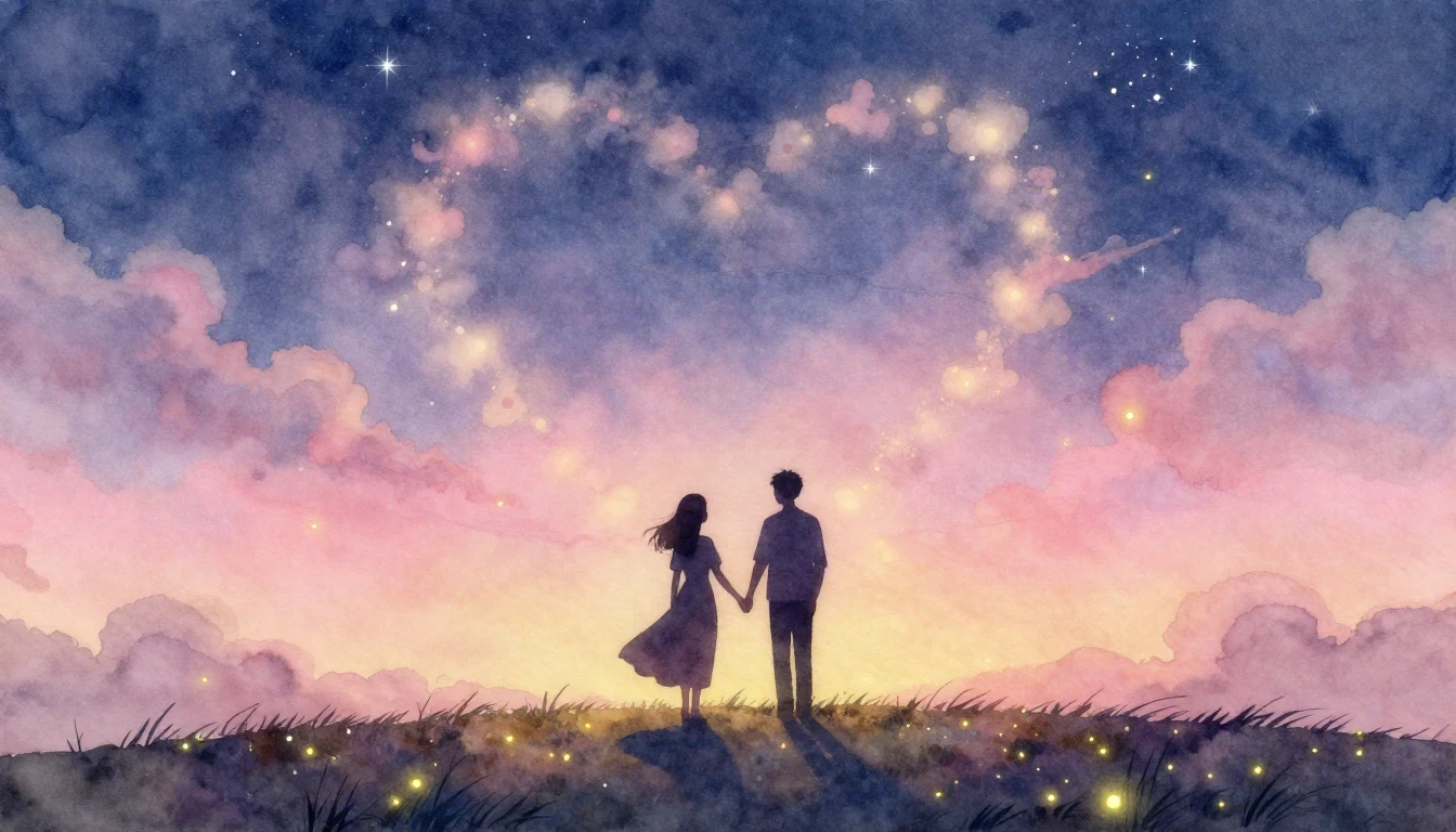 A soft and dreamy watercolor painting depicting two silhouet...