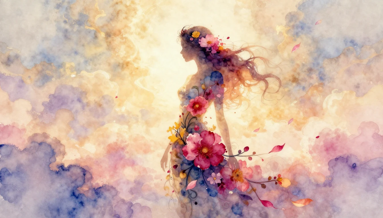 An ethereal watercolor painting celebrating Women's Day. Cen...