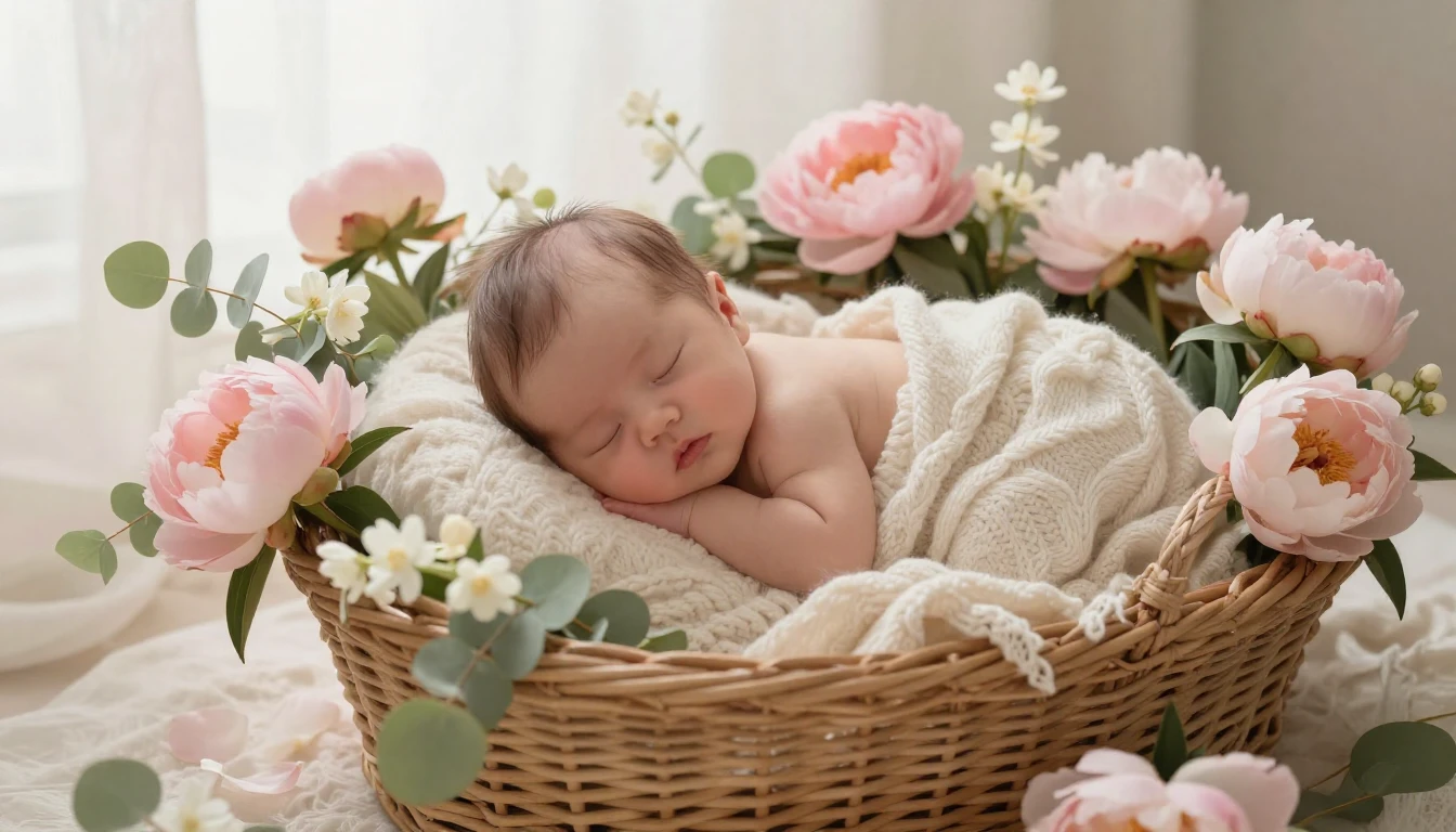 A serene and ethereal scene featuring a newborn baby girl sl...