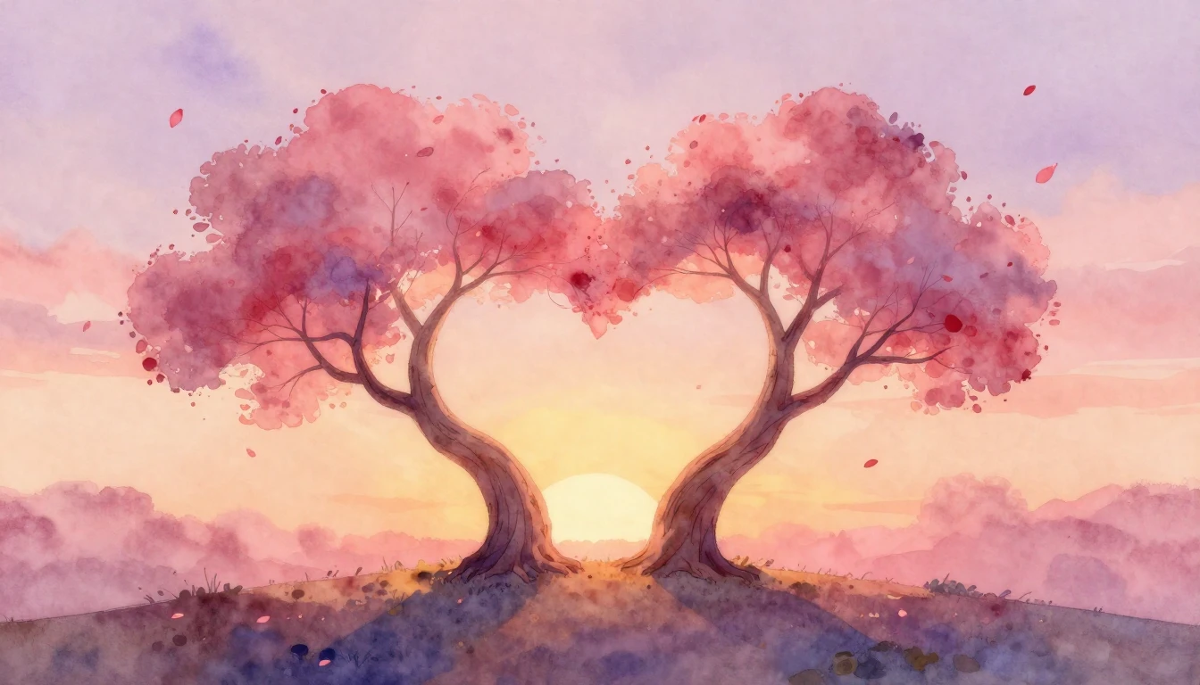 A soft and dreamy watercolor painting featuring two intertwi...