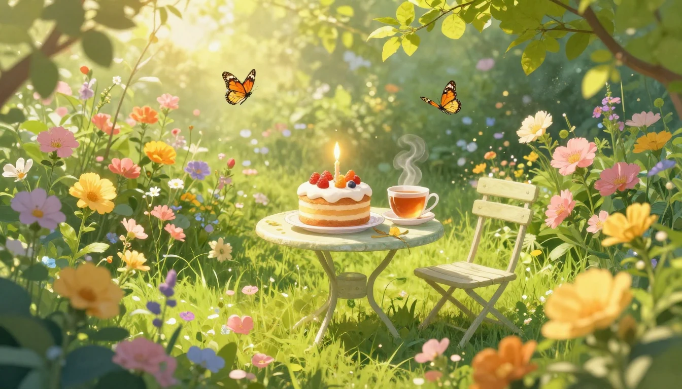 A serene and heartwarming scene of a sun-drenched garden fil...