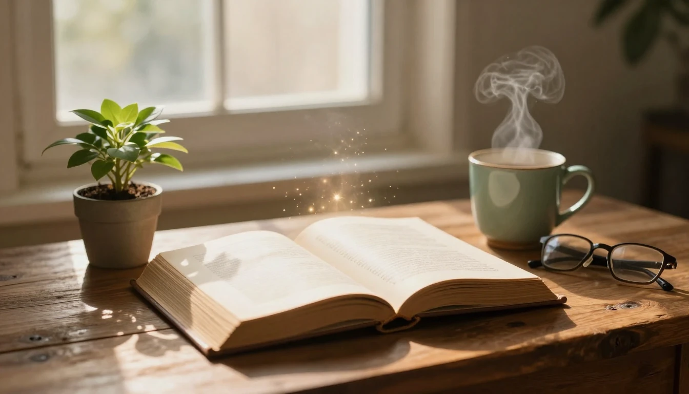 A warm and inviting composition featuring an open vintage ha...