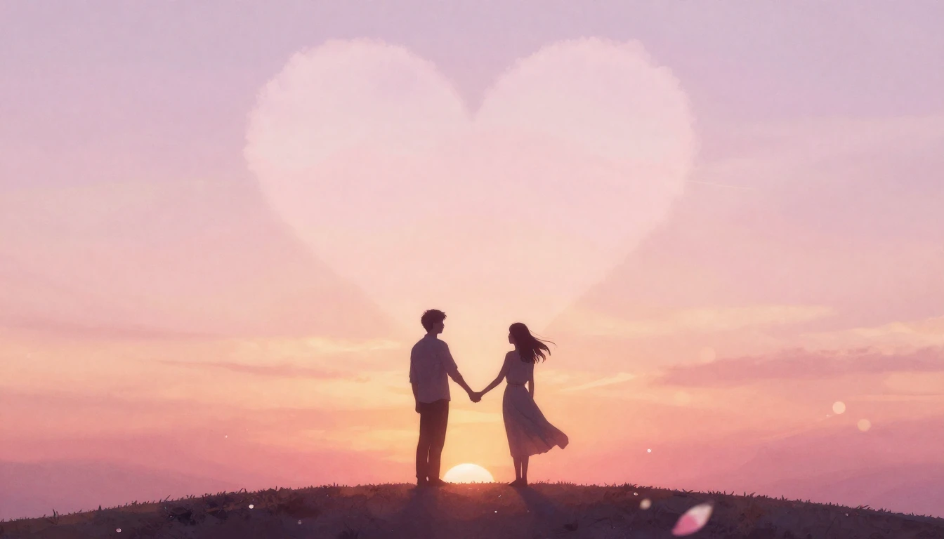 A soft and ethereal romantic scene depicting two silhouettes...