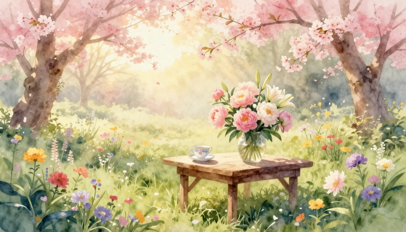 A soft and ethereal watercolor painting of a serene garden a...