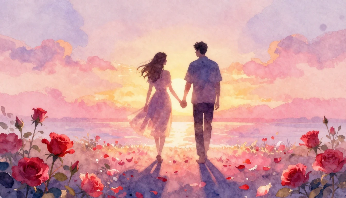 A soft and dreamy watercolor painting depicting two silhouet...