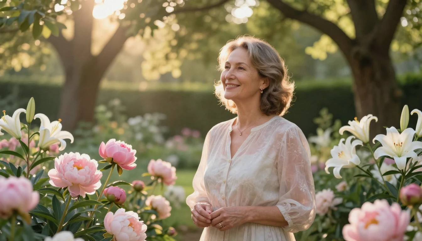 A serene and elegant scene of a mature woman with a radiant ...