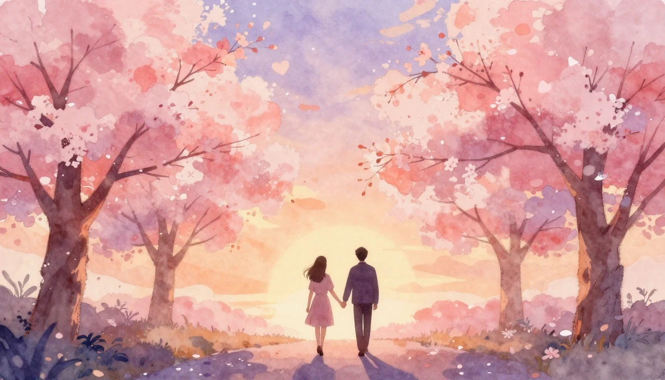 A romantic and dreamy watercolor painting featuring two silh...