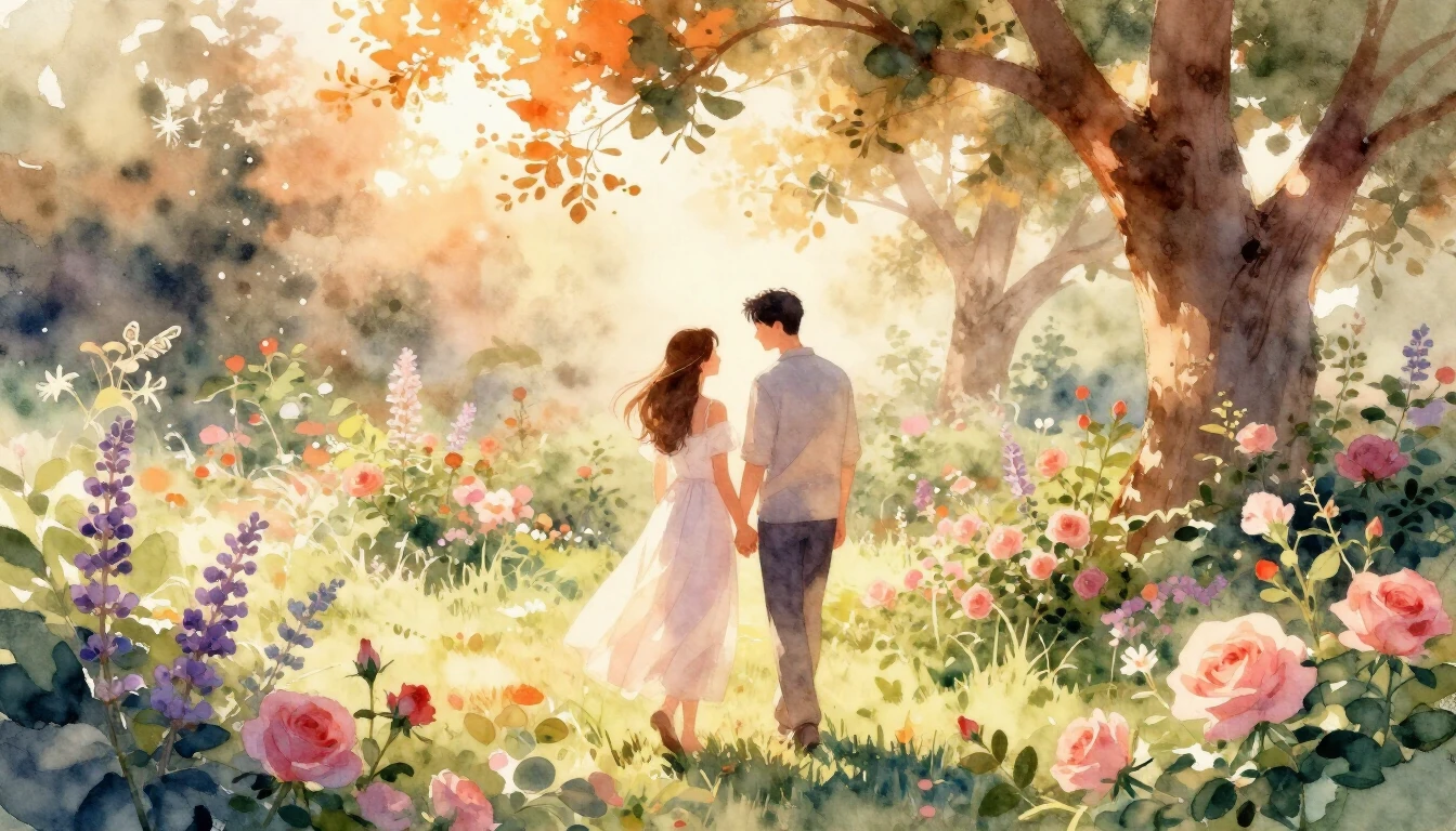 A romantic watercolor illustration of a couple walking hand-...