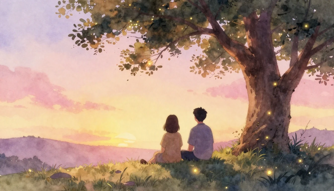 A heartwarming watercolor painting depicting two figures sit...