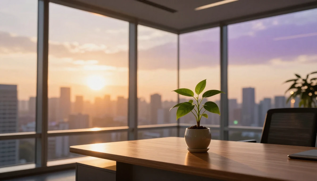 A breathtaking cinematic view of a modern, high-end office i...