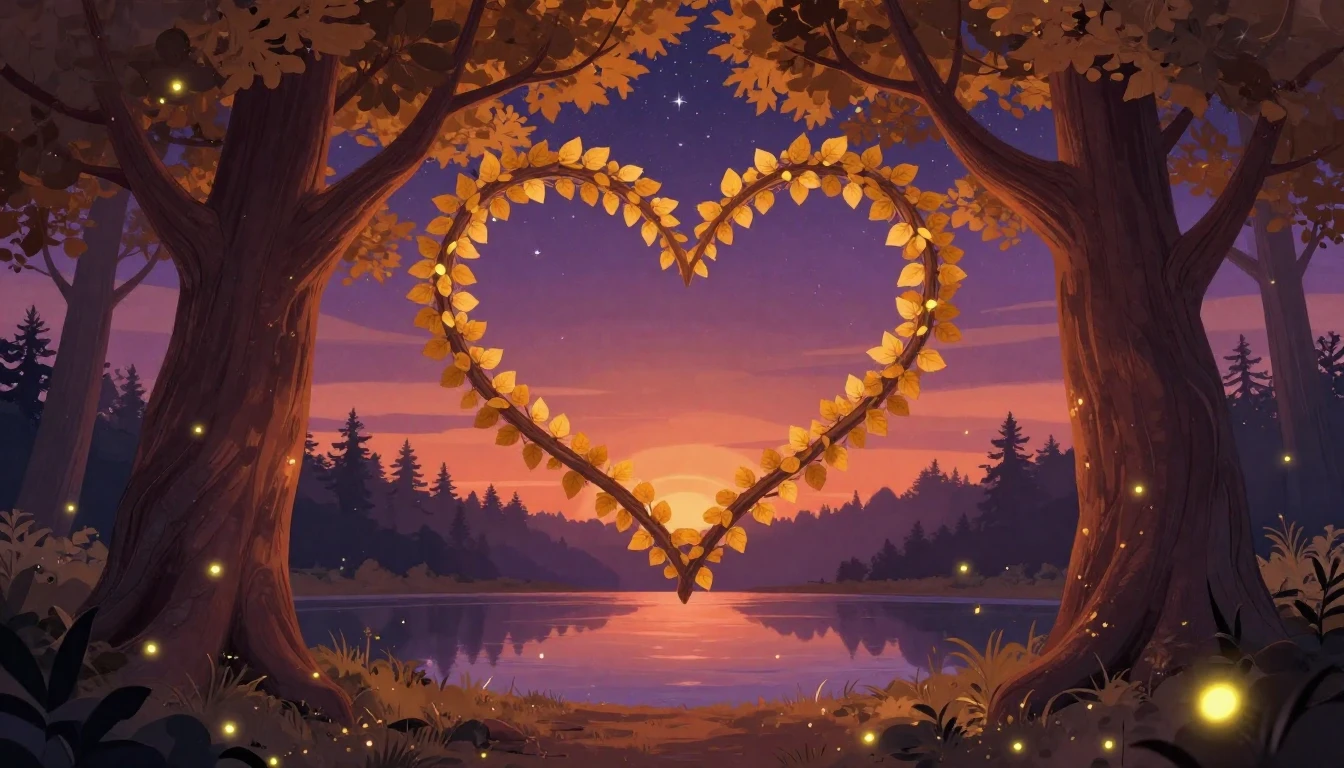 A warm, romantic illustration showing two intertwined trees ...