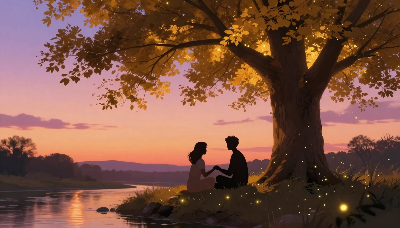 A beautiful romantic scene of two abstract silhouettes sitti...
