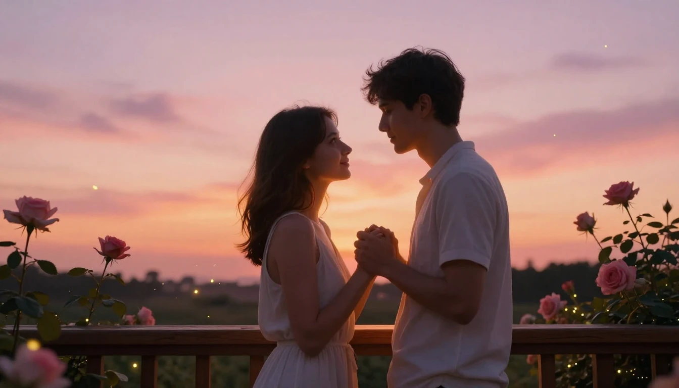 An intimate and romantic scene of a couple standing on a woo...