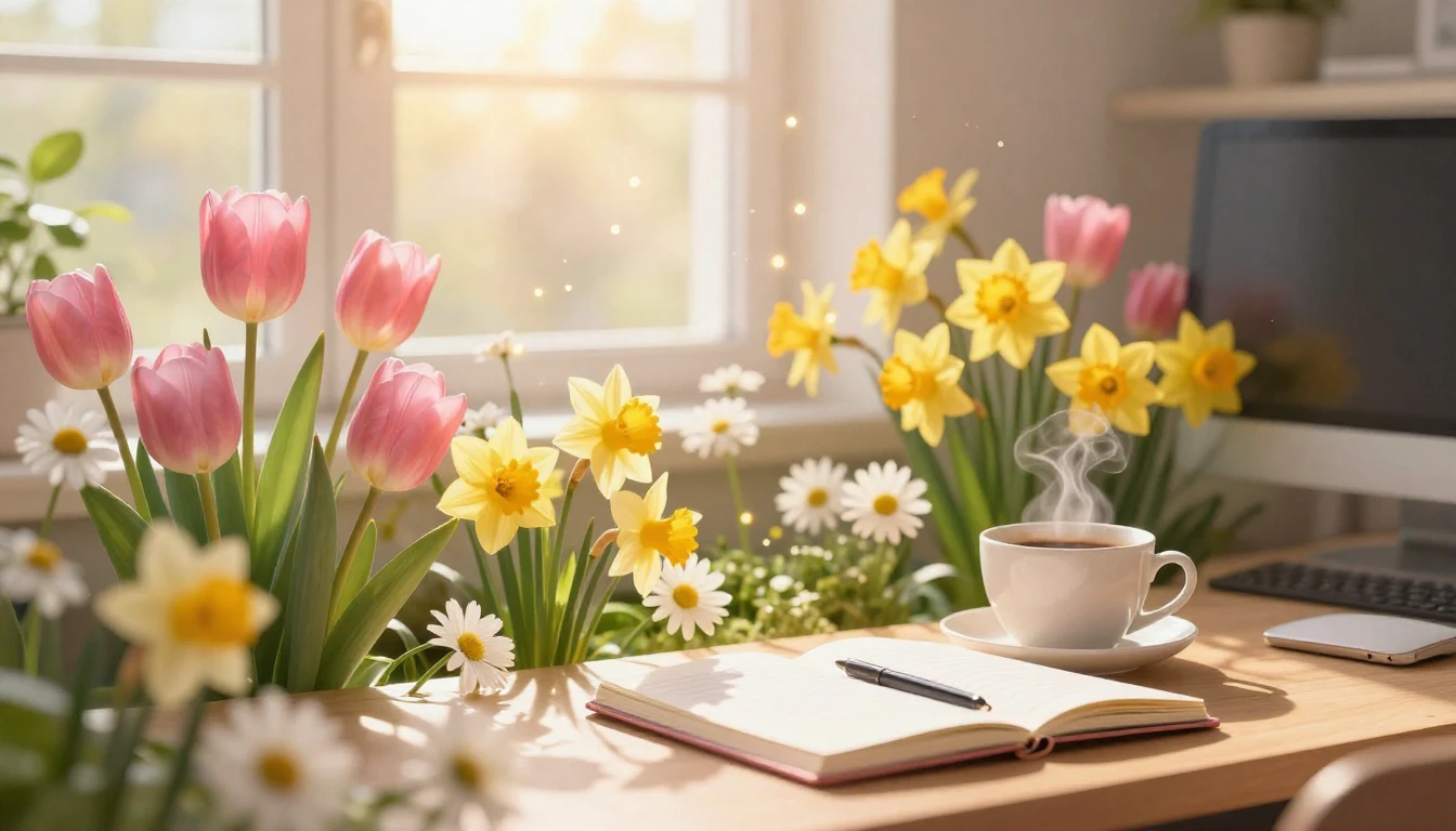 A beautiful and cheerful spring scene on an office desk. The...