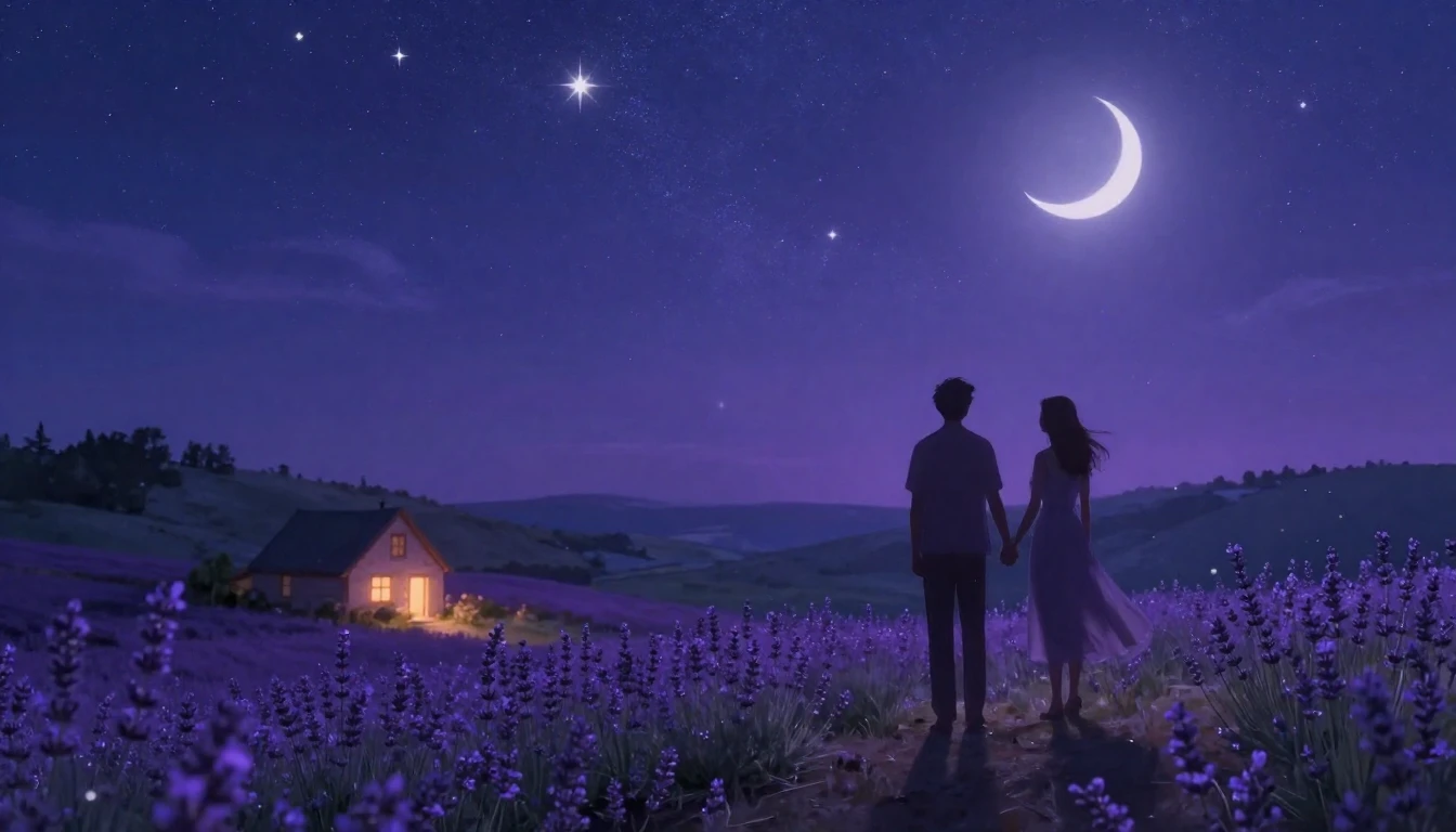 A romantic and dreamlike scene of two silhouettes holding ha...