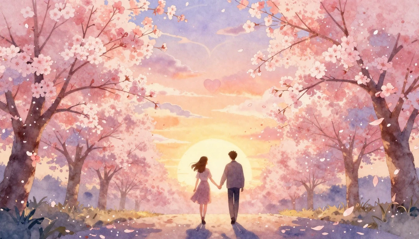 A soft and romantic watercolor painting depicting two silhou...