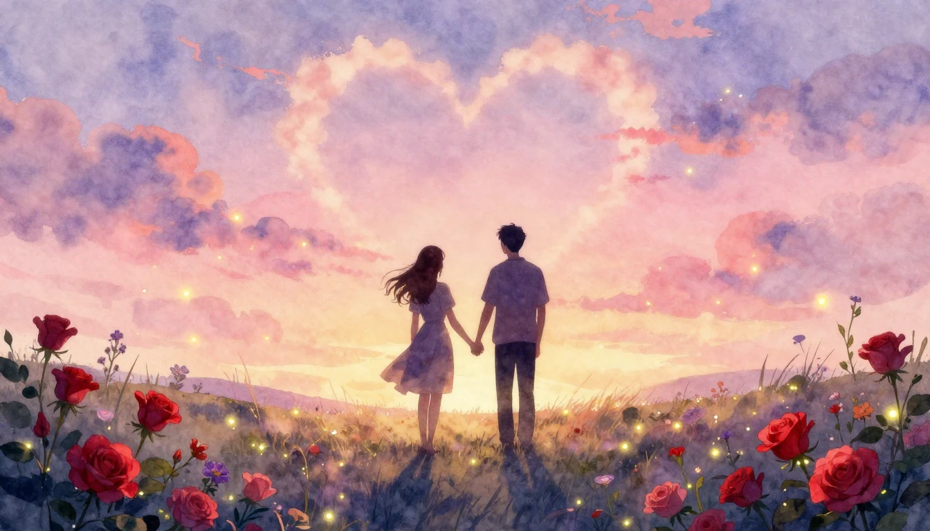 A romantic and dreamy watercolor painting featuring two silh...