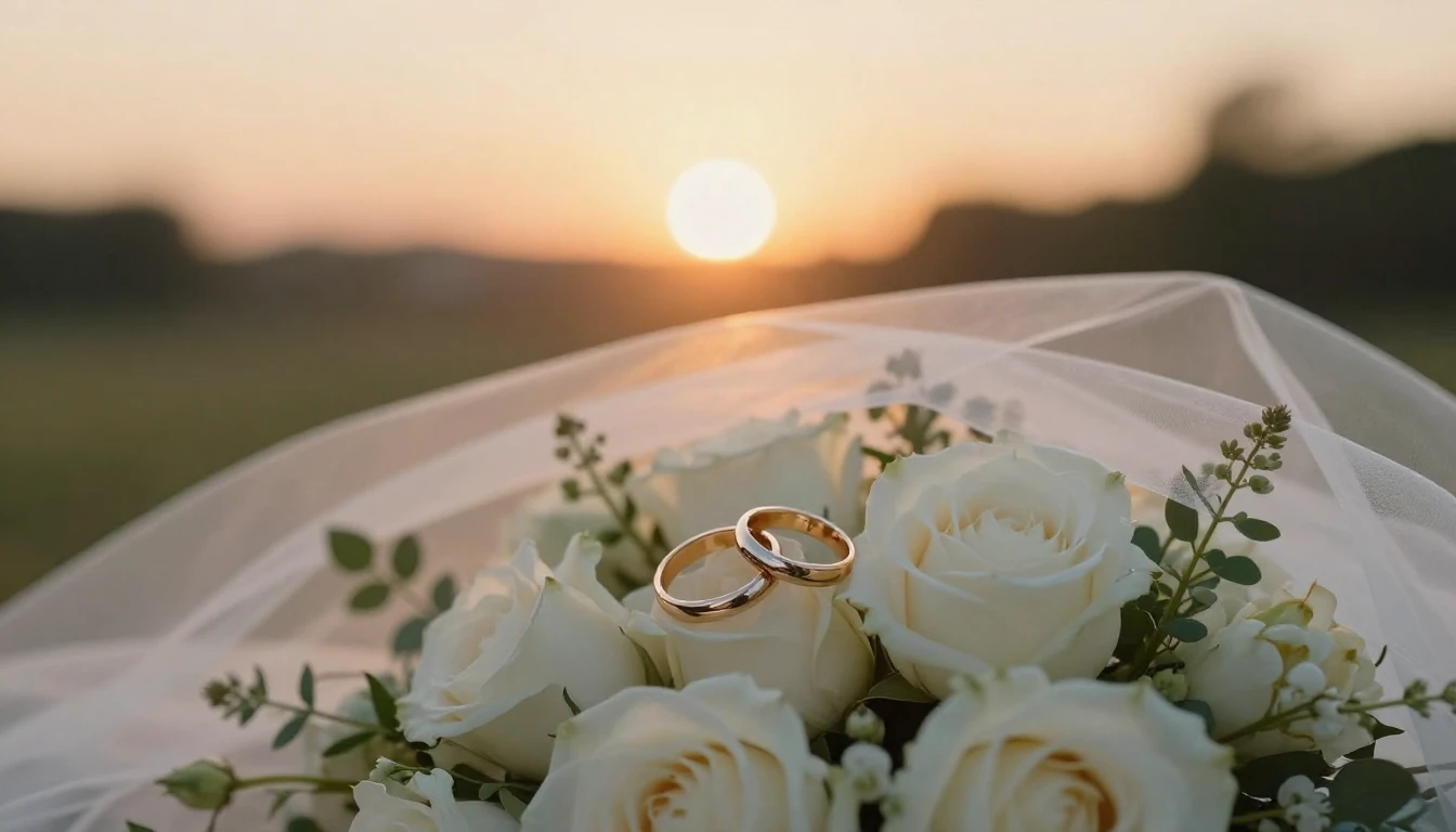 Two wedding rings intertwined resting on a bed of white rose...