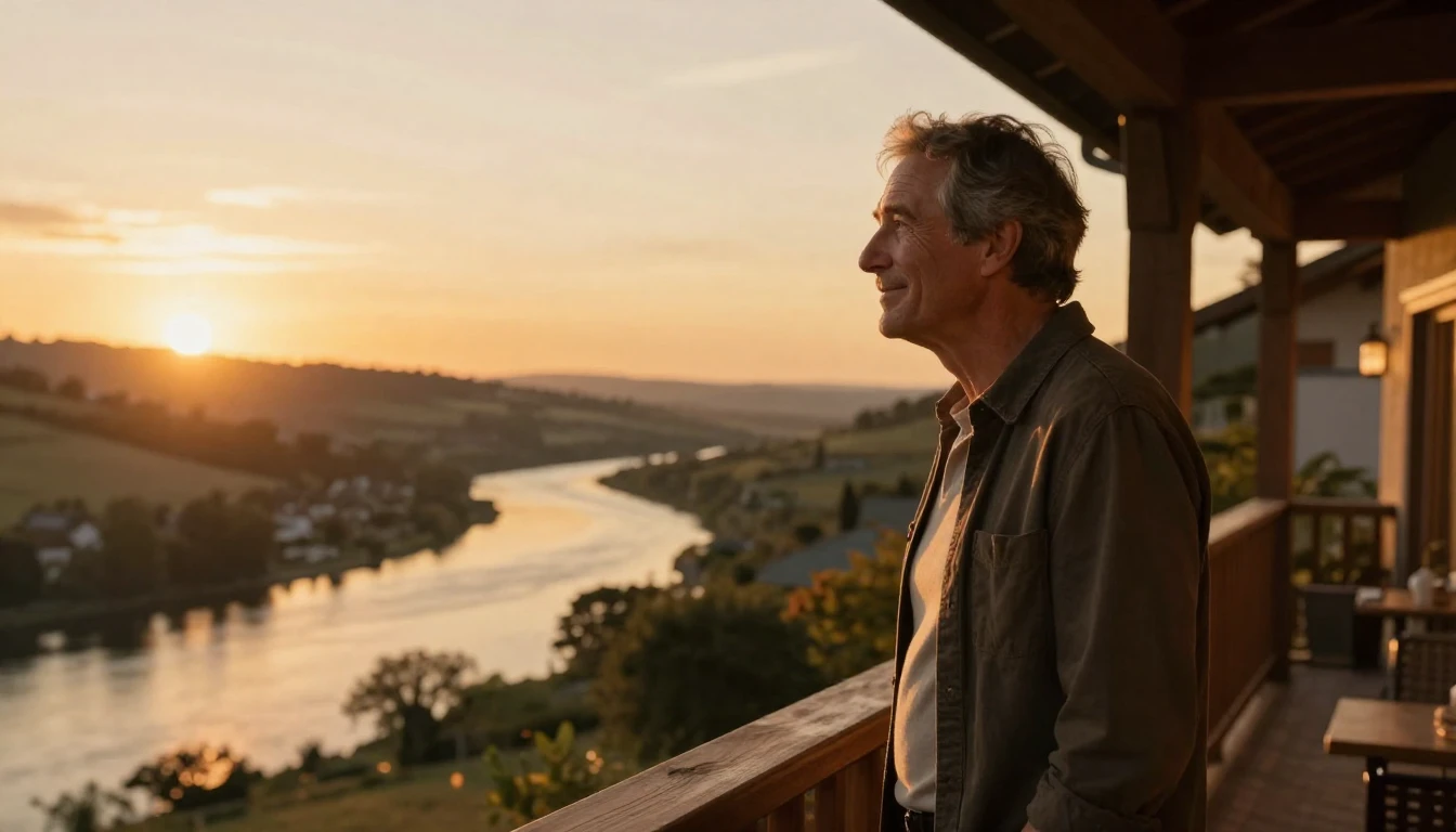 A heartwarming cinematic scene of a kind, middle-aged man st...