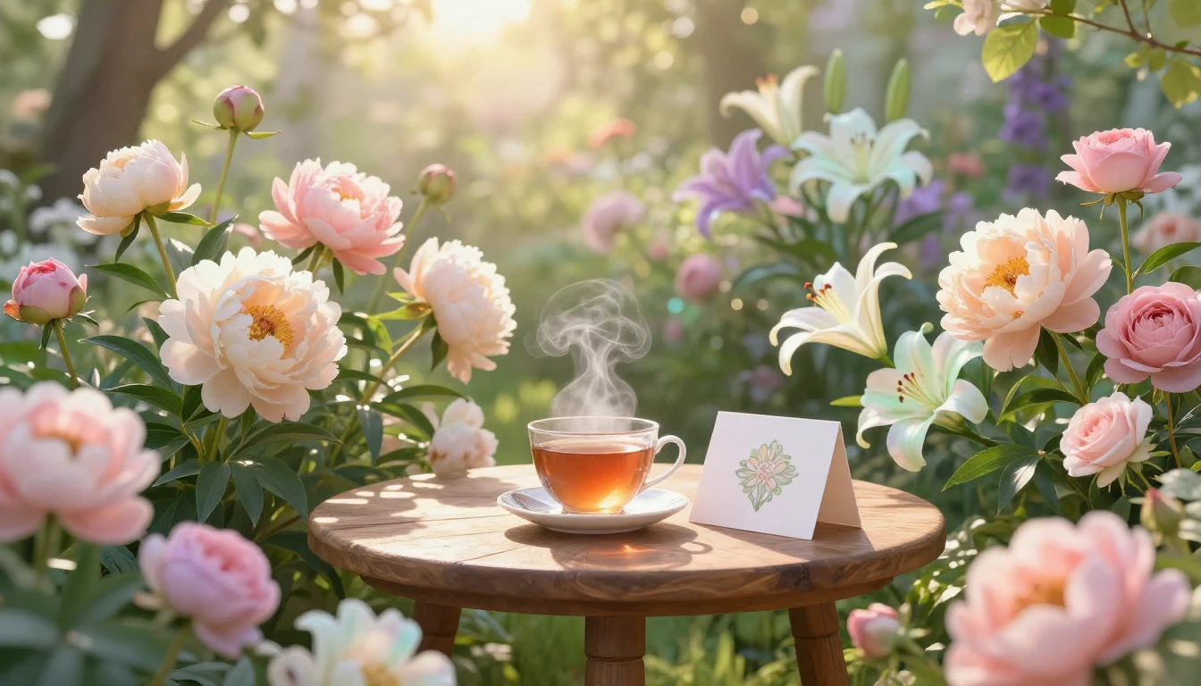 A heartwarming and serene scene featuring a lush garden fill...