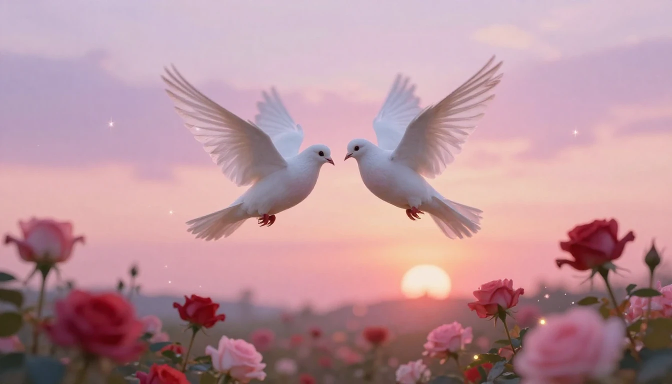 A soft and romantic scene depicting two white doves flying c...