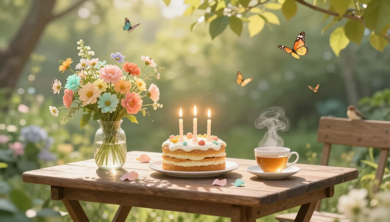 A cozy and warm birthday celebration scene featuring a beaut...