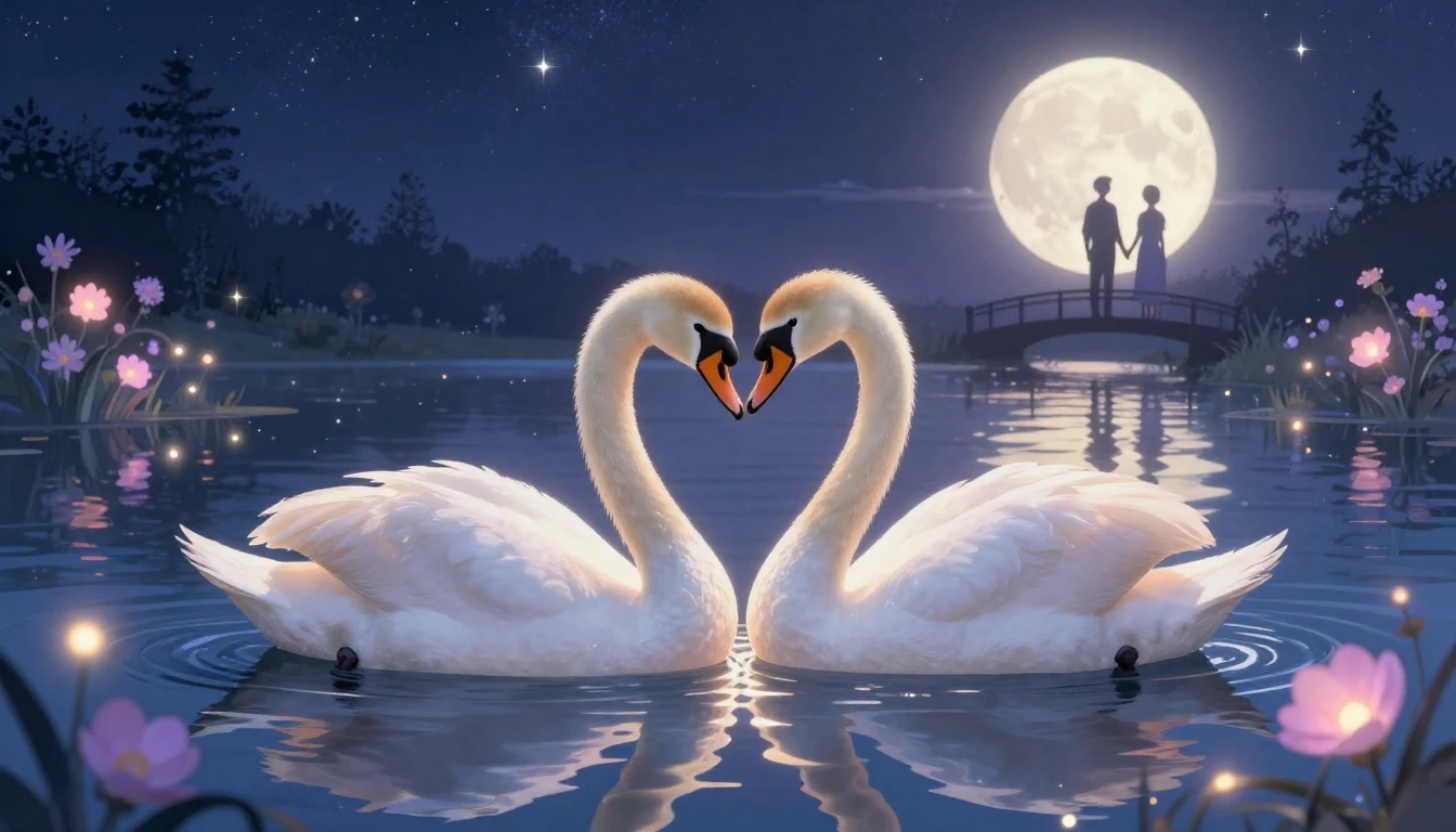A romantic and dreamy illustration featuring two white swans...