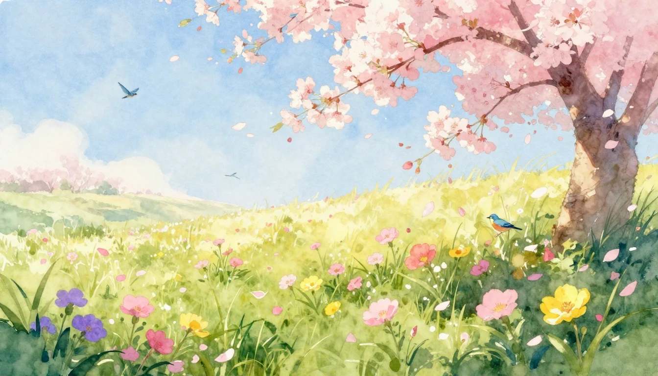 A soft and dreamy watercolor painting depicting a lush sprin...