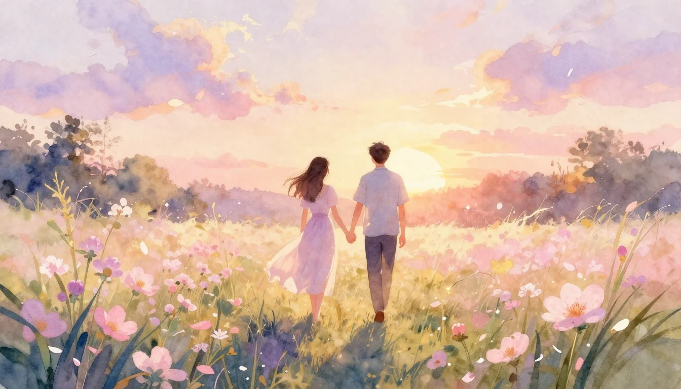 A romantic and ethereal watercolor illustration of a couple ...