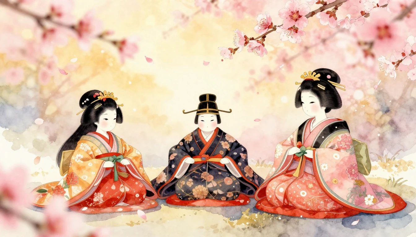 A delicate watercolor painting of traditional Japanese Hina ...