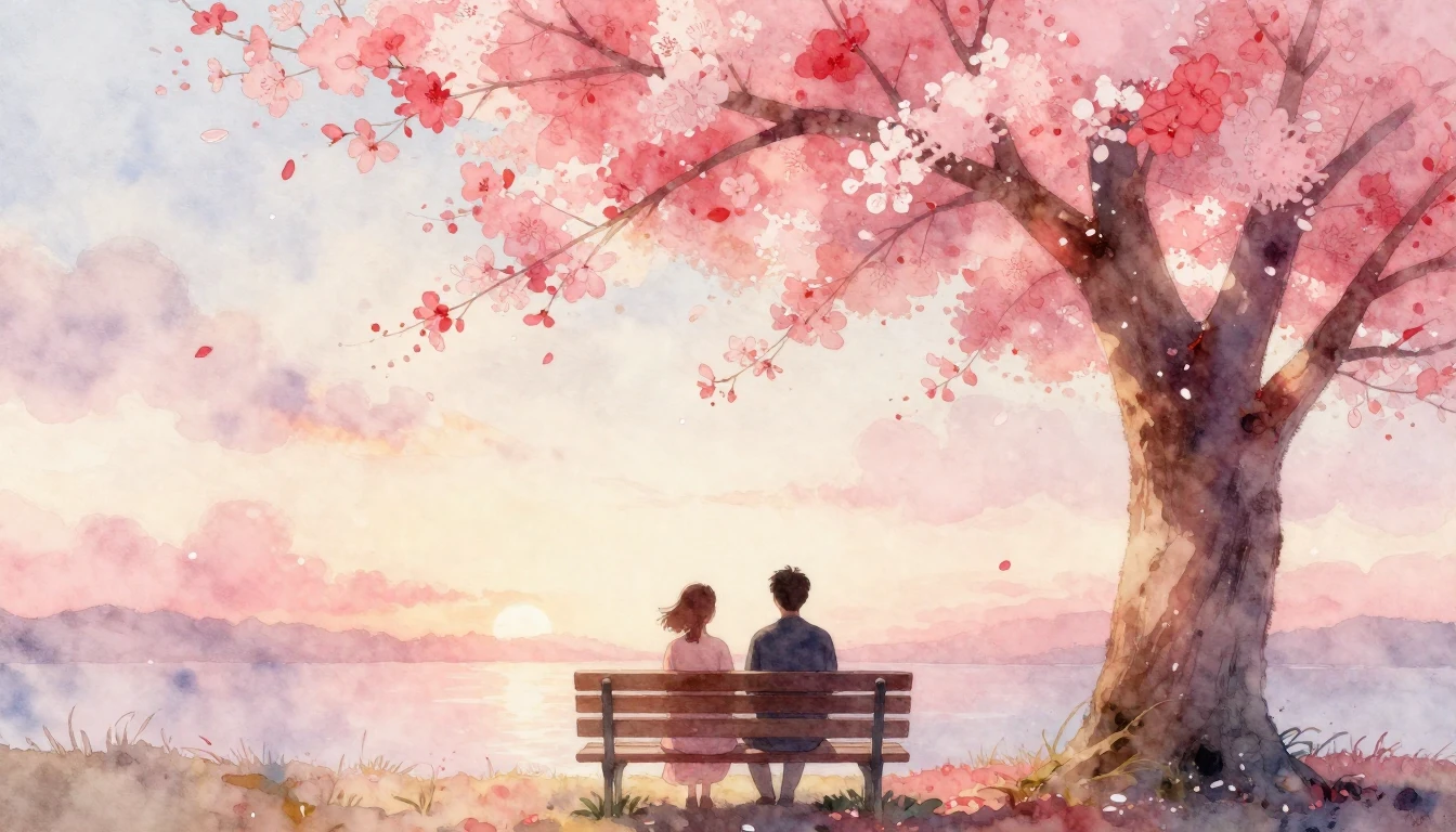 A soft and romantic watercolor painting depicting a blooming...