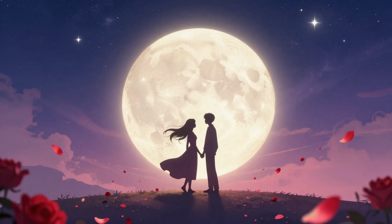 A romantic and dreamy illustration depicting two silhouettes...