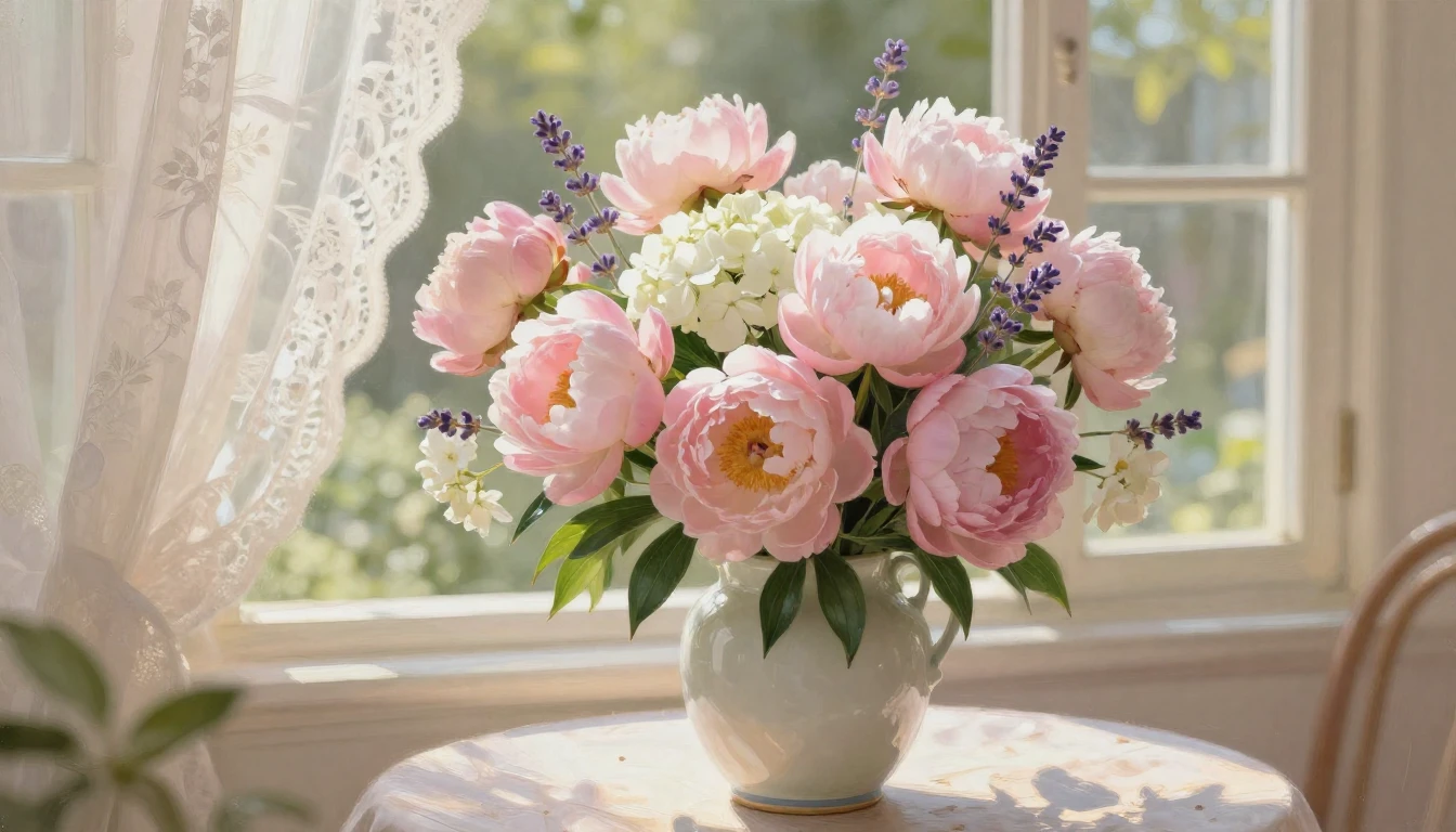 A magnificent, overflowing bouquet of soft pink peonies, whi...