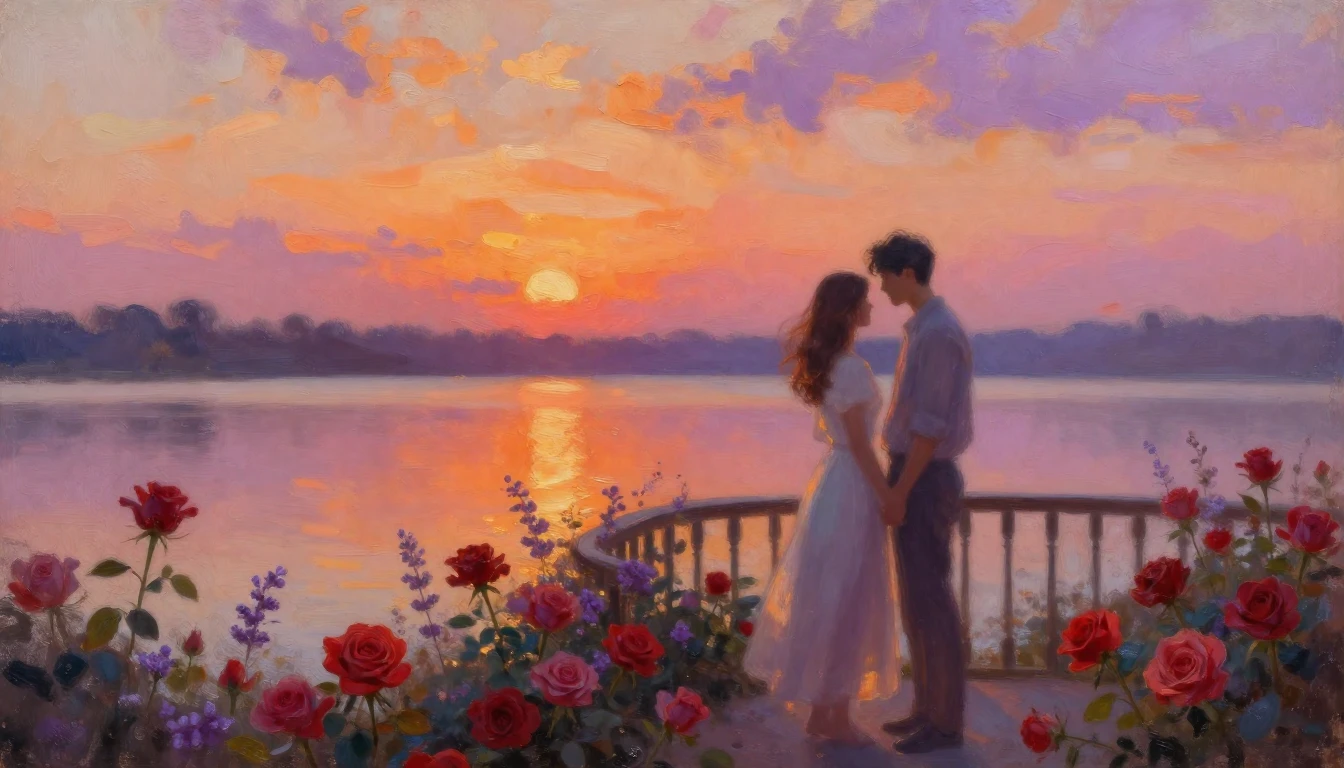 An impressionist oil painting of a romantic couple standing ...