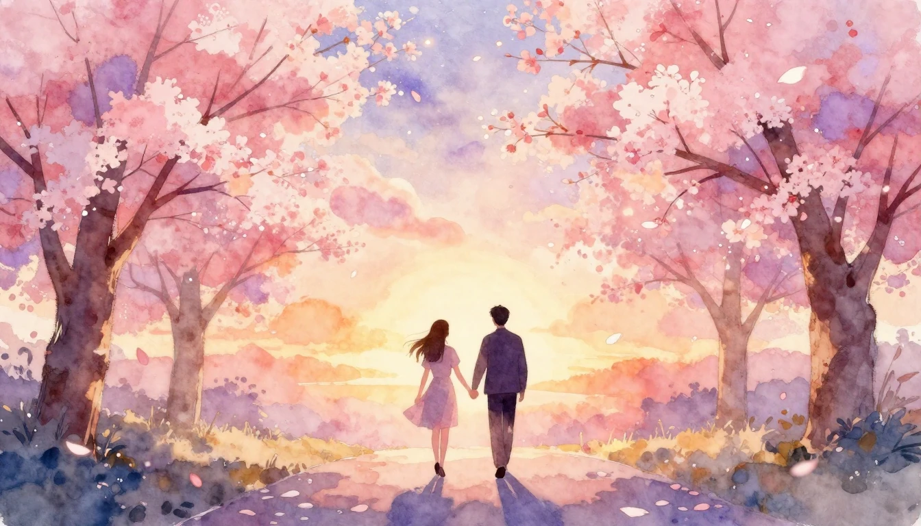 A romantic watercolor painting featuring two silhouettes hol...